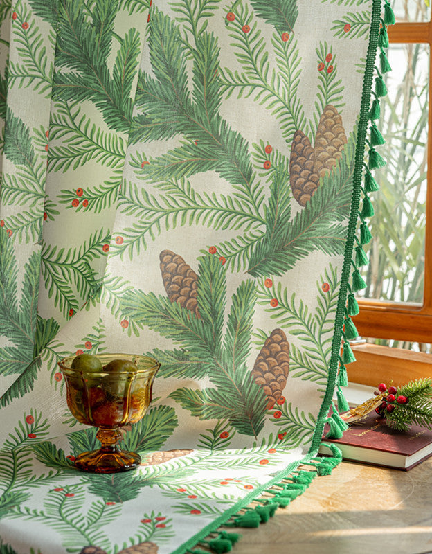 Pinecone Pine Needle Curtain with Green Tassel Trim