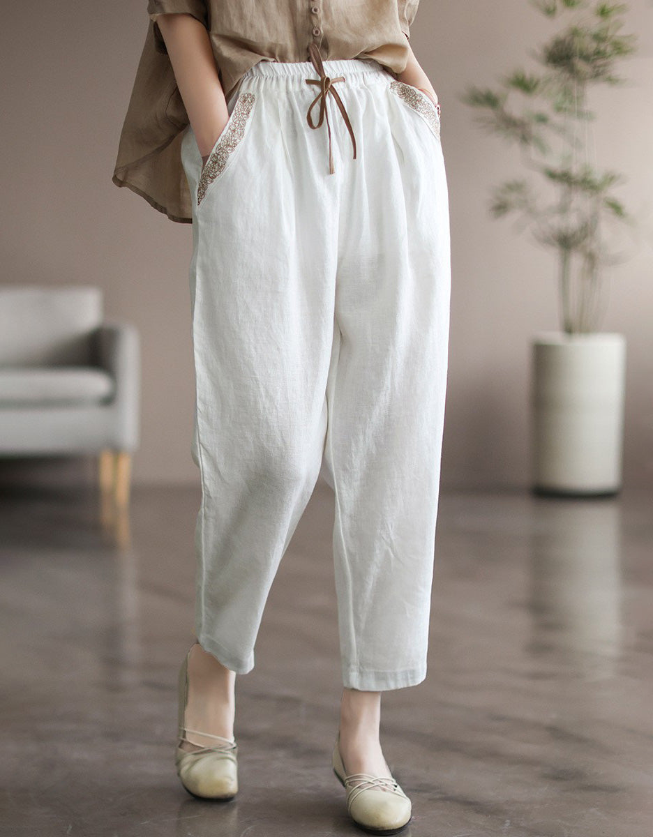 Pocket Embroidered Linen Trousers