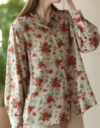 Printed Cotton Linen Long-sleeved Floral Shirt