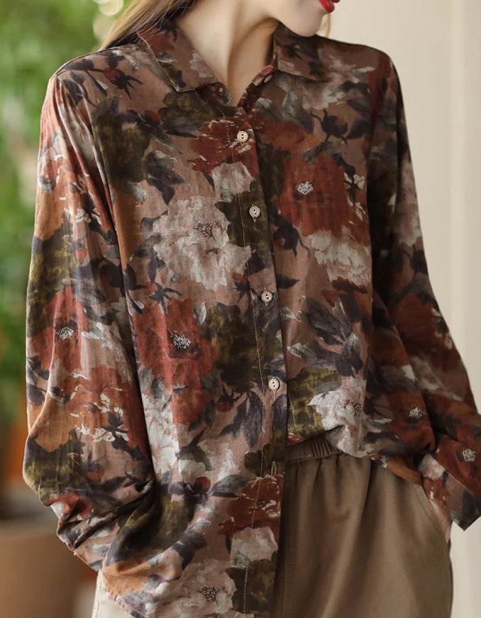 Printed Cotton Linen Long-sleeved Floral Shirt