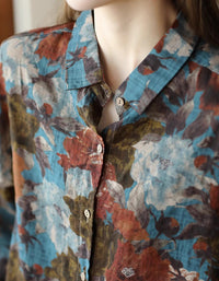 Printed Cotton Linen Long-sleeved Floral Shirt