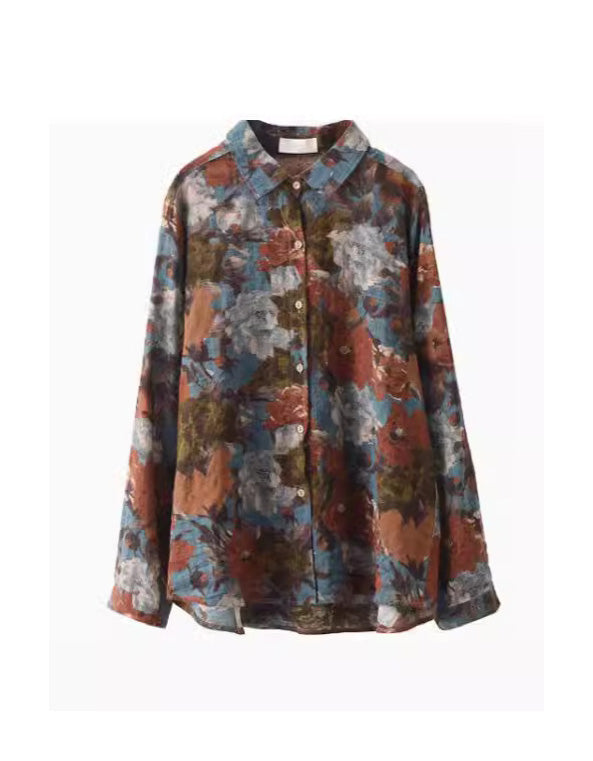 Printed Cotton Linen Long-sleeved Floral Shirt