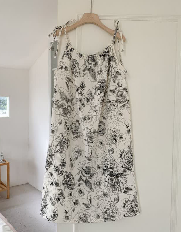 Pure Cotton Floral Elegant Black White Sleepwear Dress