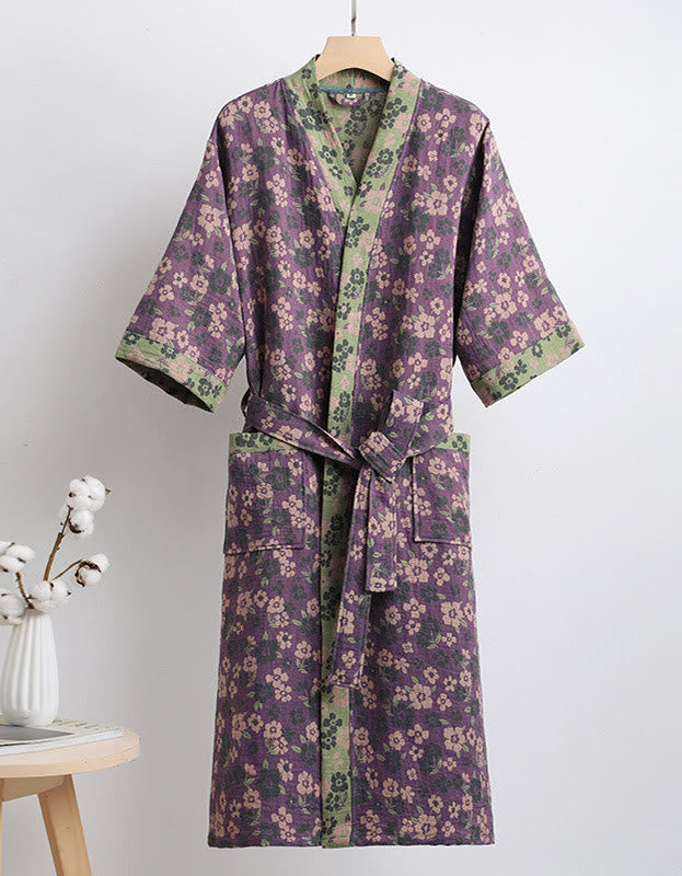 Pure Cotton Floral  V-neck Bathrobe with Belt