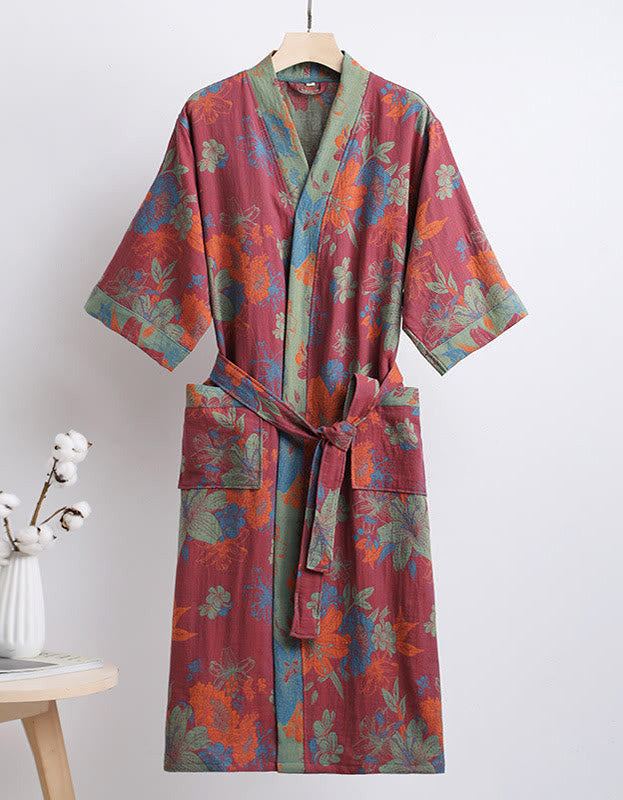 Pure Cotton Floral  V-neck Bathrobe with Belt