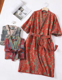 Pure Cotton Floral  V-neck Bathrobe with Belt