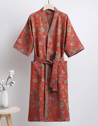 Pure Cotton Floral  V-neck Bathrobe with Belt