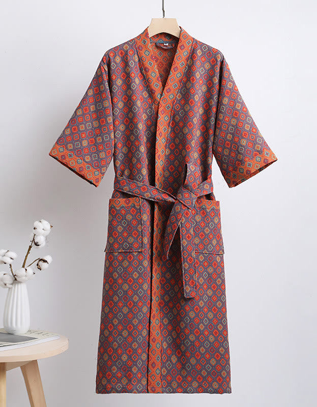 Pure Cotton Floral  V-neck Bathrobe with Belt