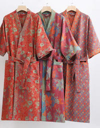 Pure Cotton Floral  V-neck Bathrobe with Belt