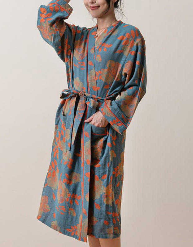 Pure Cotton Flower Pattern Bathrobe with Tie