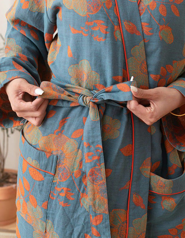 Pure Cotton Flower Pattern Bathrobe with Tie