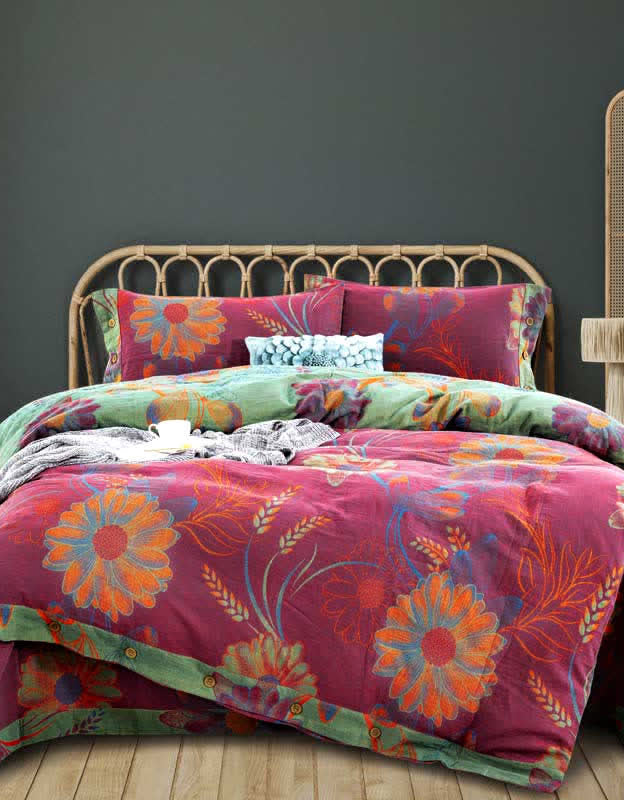 Red Green Bohemian Floral Daisy Print Bedding Set (4PCS)