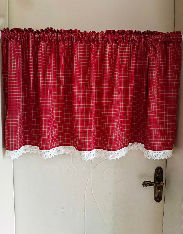 Red Plaid Lace Hem Half Door Curtains