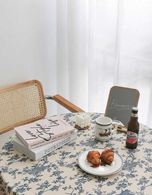 Mantel de lino y algodón con diseño retro de rosas azules y campestres