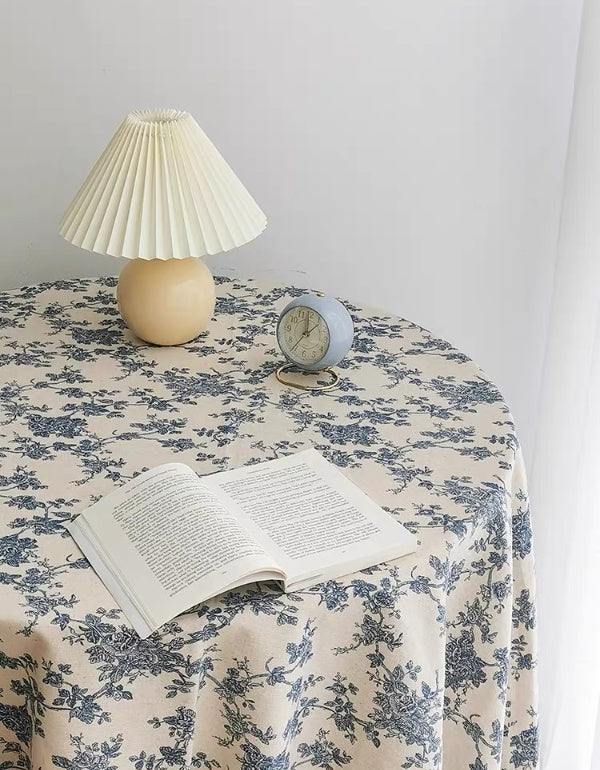 Retro Country Blue Rose Cotton Linen Table Cloth