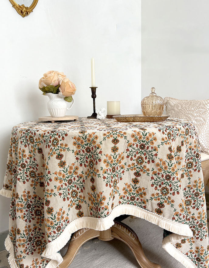 Rustic Bloom Patterned Tablecloth with Delicate Fringe Accents