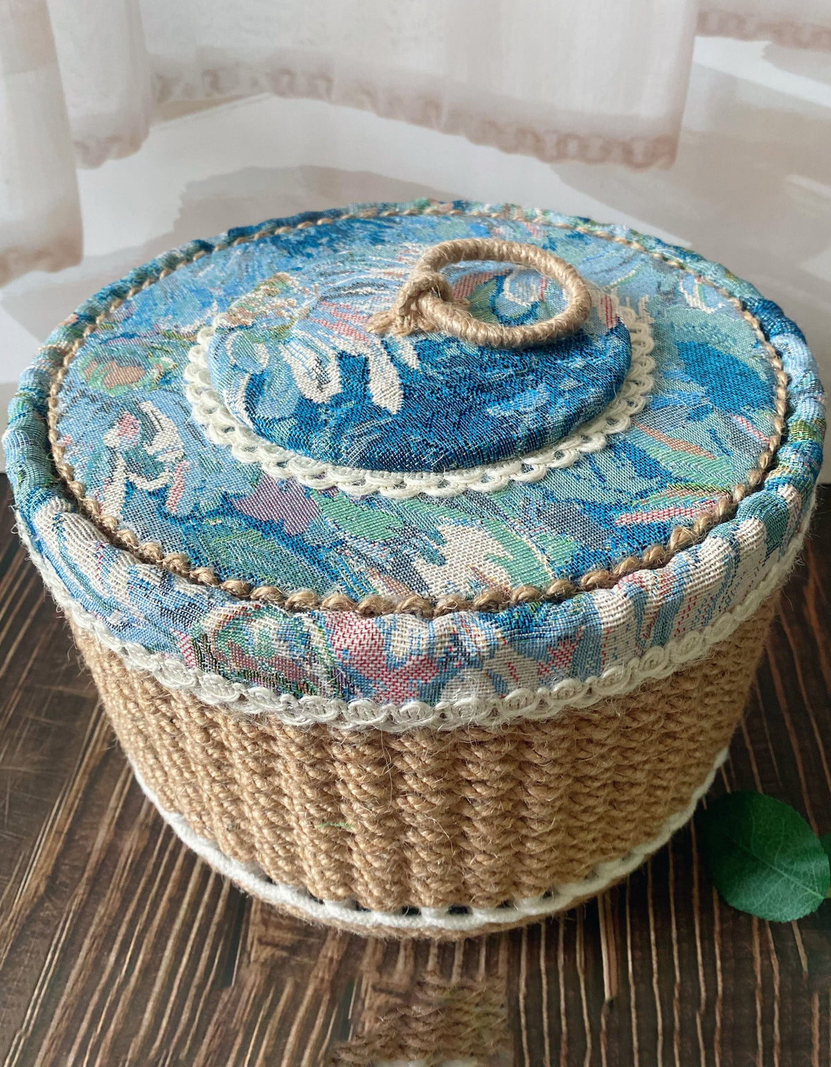 Rustic Jute and Fabric Woven Storage Basket with Lid