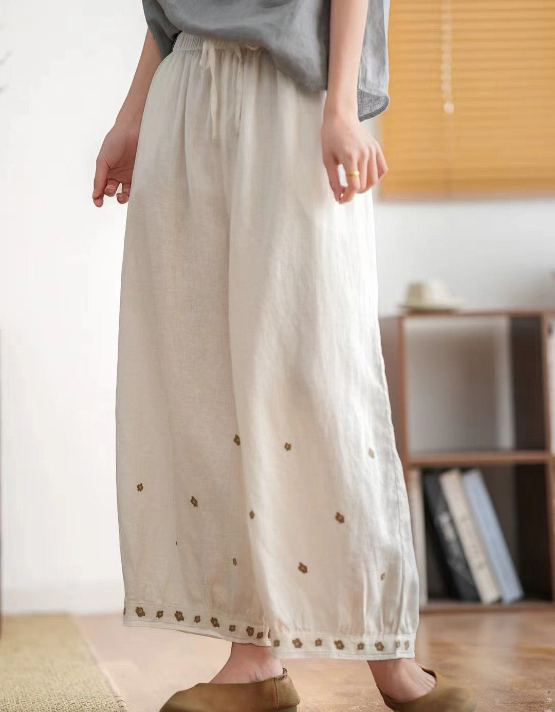 Sand-washed Embroidered Loose Wide-leg Linen Pants