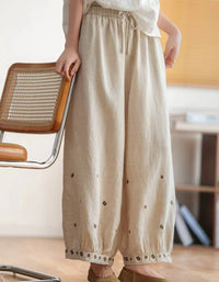 Sand-washed Embroidered Loose Wide-leg Linen Pants