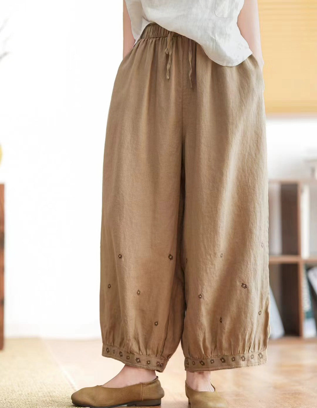 Sand-washed Embroidered Loose Wide-leg Linen Pants