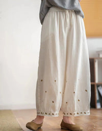 Sand-washed Embroidered Loose Wide-leg Linen Pants