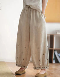 Sand-washed Embroidered Loose Wide-leg Linen Pants