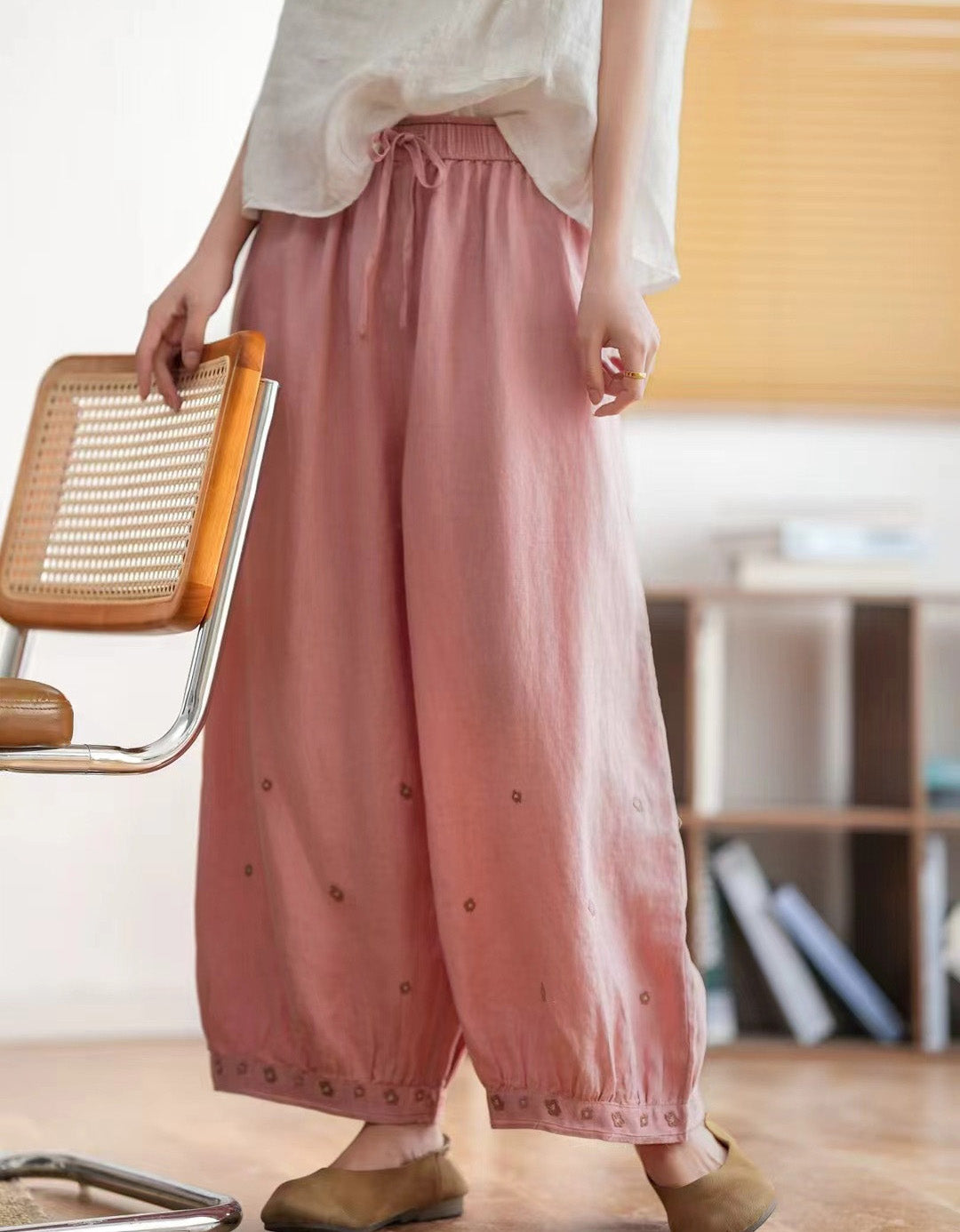 Sand-washed Embroidered Loose Wide-leg Linen Pants