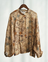 Soft Casual Retro Geometric Print Linen Shirt