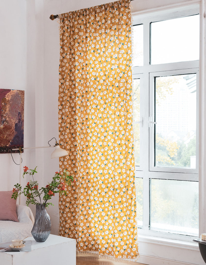 Summer Flowers Printing Cotton Floral Curtain Yellow