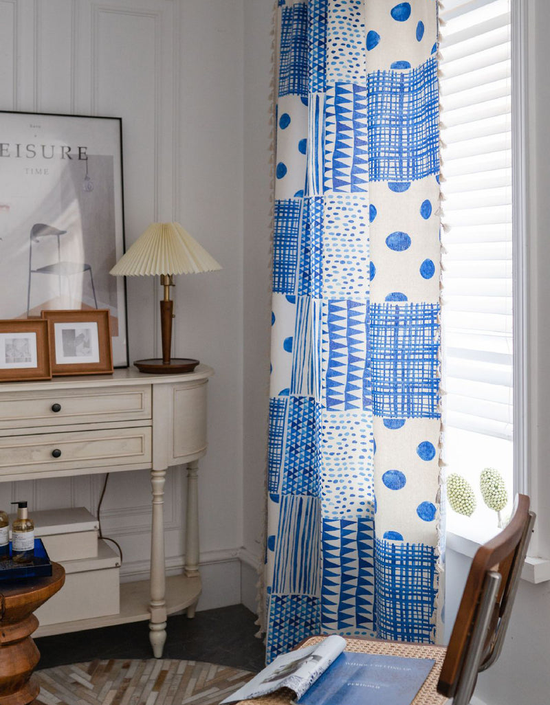 Summer Geometric Patchwork Printed Blue Curtains