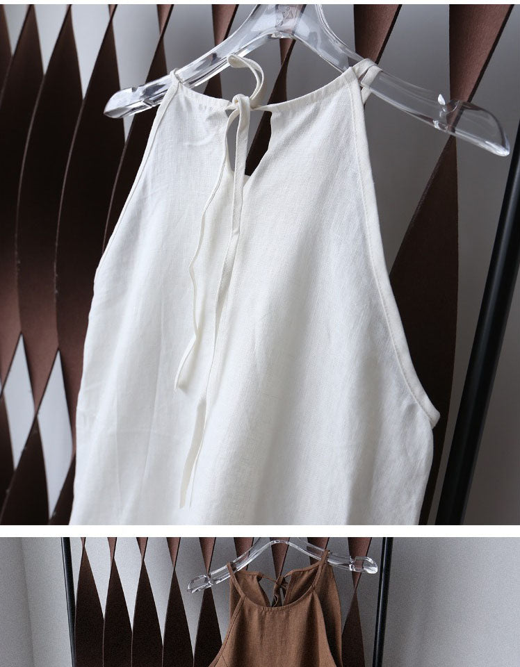 Summer Linen Front Slit Neck Suspender Dress