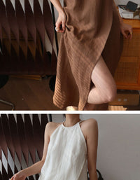 Summer Linen Front Slit Neck Suspender Dress