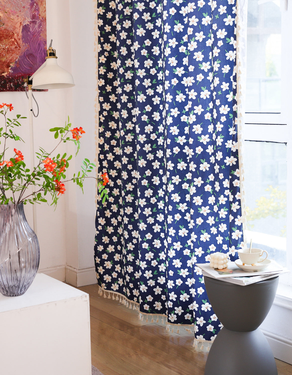 Summer White Flowers Printing Cotton Curtain Navy