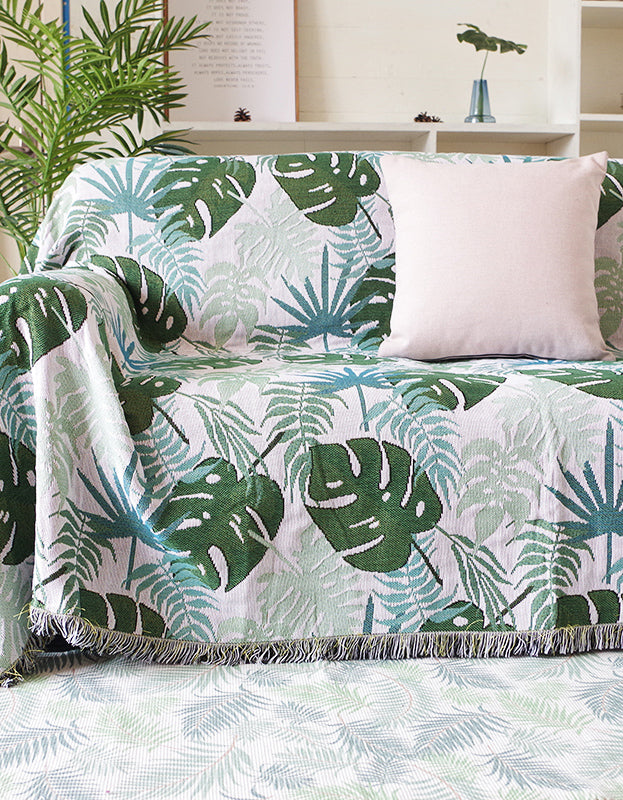 Tropical Greenery Leaf Sofa Blanket with Fringed Edges