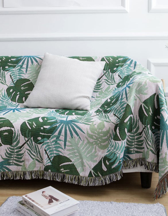 Tropical Greenery Leaf Sofa Blanket with Fringed Edges