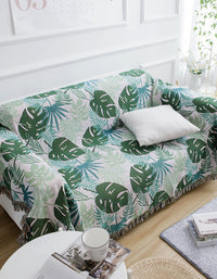 Tropical Greenery Leaf Sofa Blanket with Fringed Edges