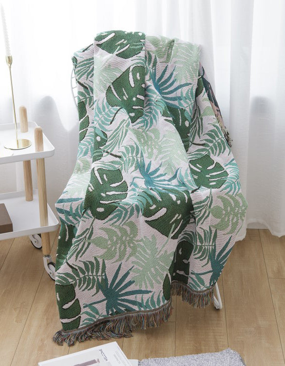 Tropical Greenery Leaf Sofa Blanket with Fringed Edges