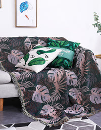 Tropical Greenery Leaf Sofa Blanket with Fringed Edges