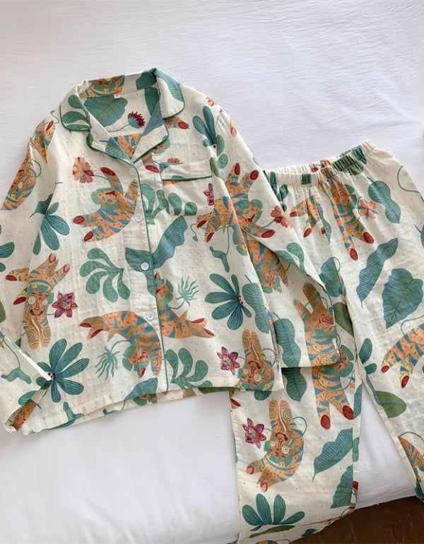 Conjunto de ropa de hogar de manga larga de algodón puro estilo selva tropical