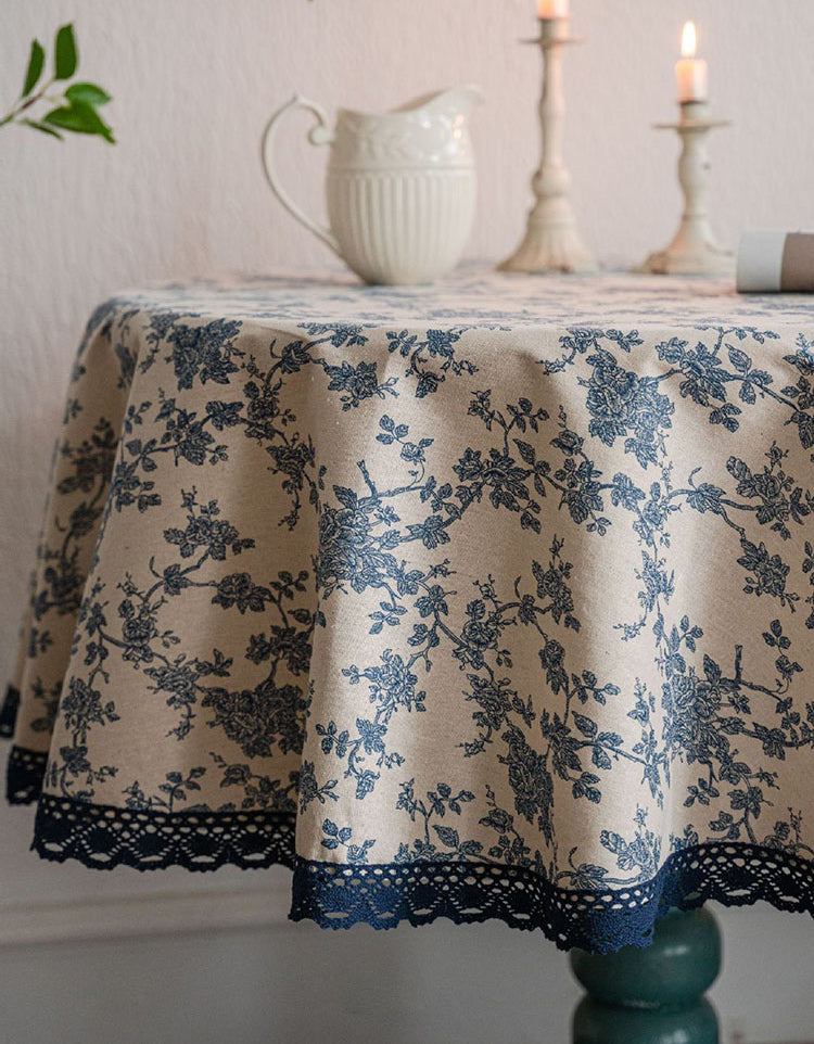 Blue Lace-edge Blue Flower Printed Tablecloth