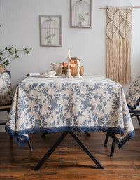 Blue Lace-edge Blue Flower Printed Tablecloth