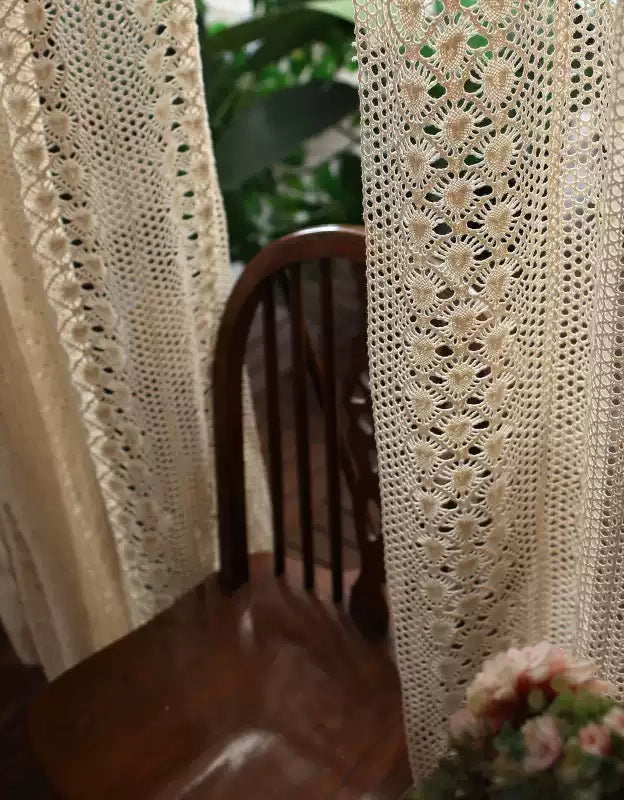 Vintage Handcrafted Beige Crochet Lace Curtain