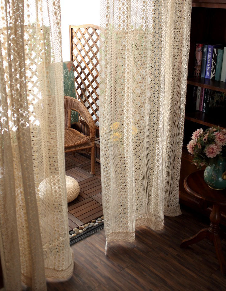 Vintage Handcrafted Beige Crochet Lace Curtain