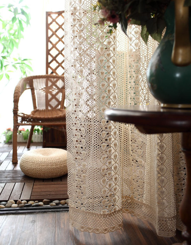 Vintage Handcrafted Beige Crochet Lace Curtain