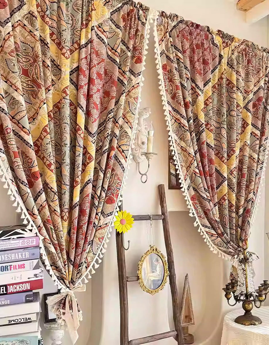 Vintage Inspired Paisley Print Curtains with Tassel Trim