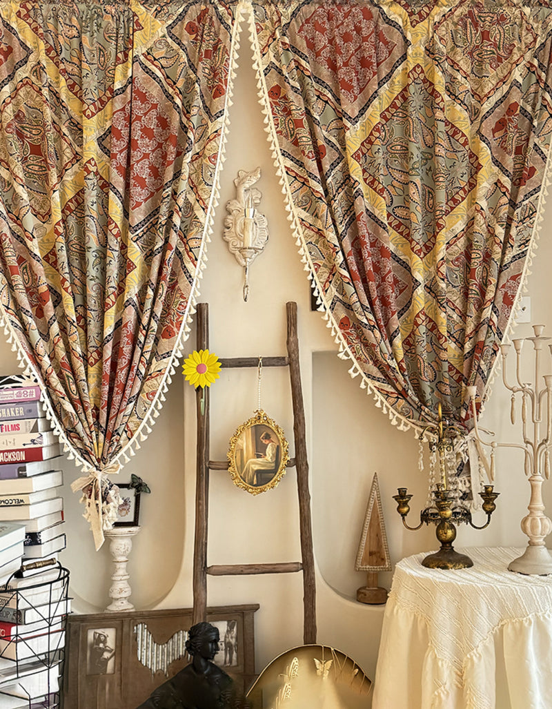 Vintage Inspired Paisley Print Curtains with Tassel Trim