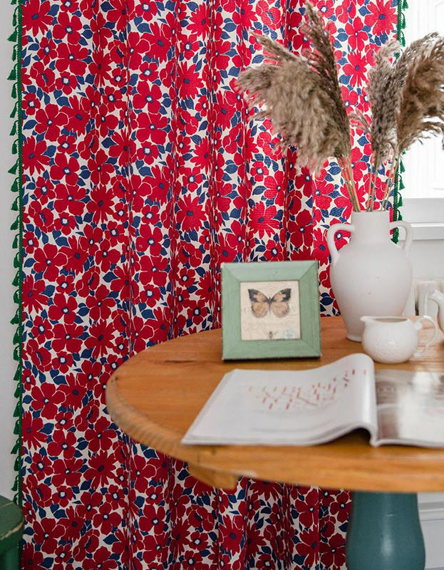 Vintage Red Flower Cotton Linen Curtain