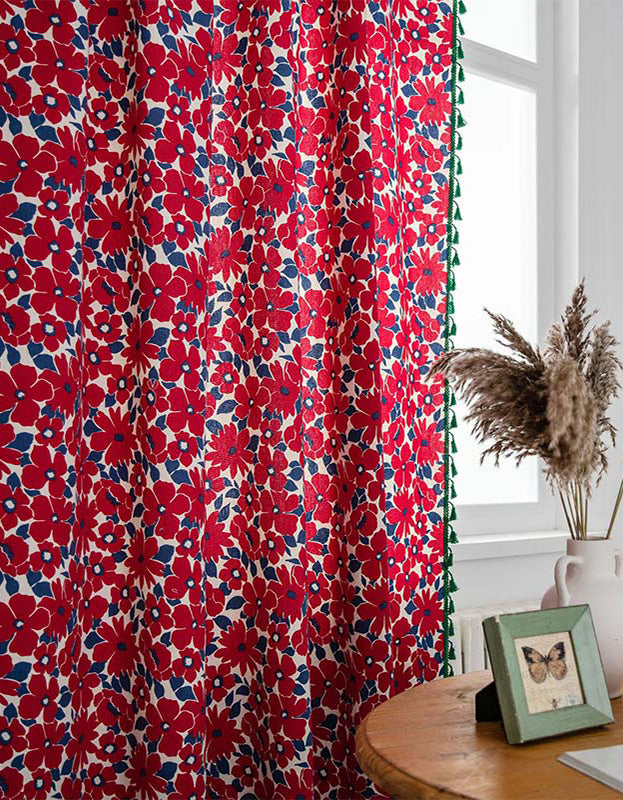 Vintage Red Flower Cotton Linen Curtain