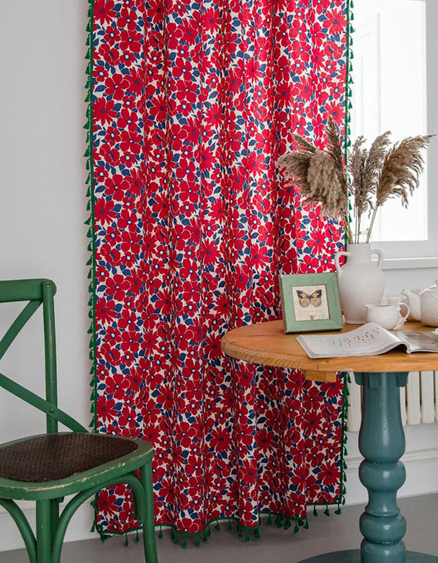 Vintage Red Flower Cotton Linen Curtain