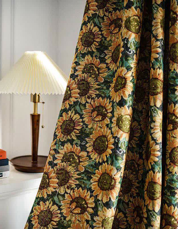 Cortinas de lino y algodón con borlas y estampado de girasoles vintage